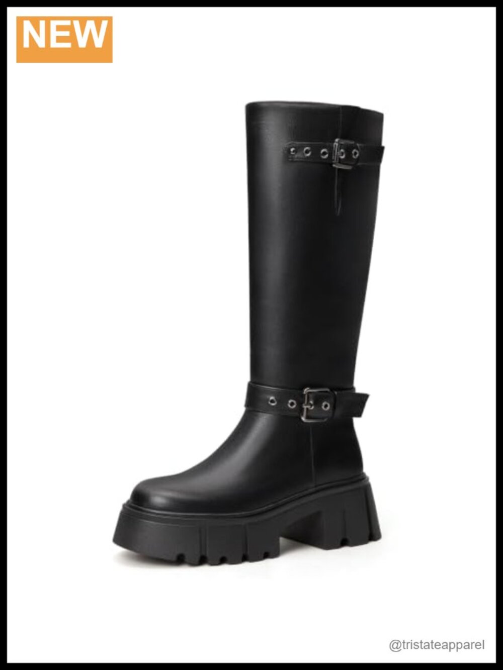 Women Knee High Chunky Heel Platform Boots Faux Leather Round Toe